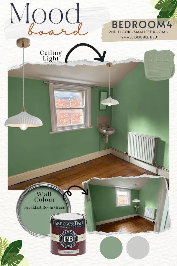 A Bluespire mood board for a green bedroom, with paint, lighting and furniture choices