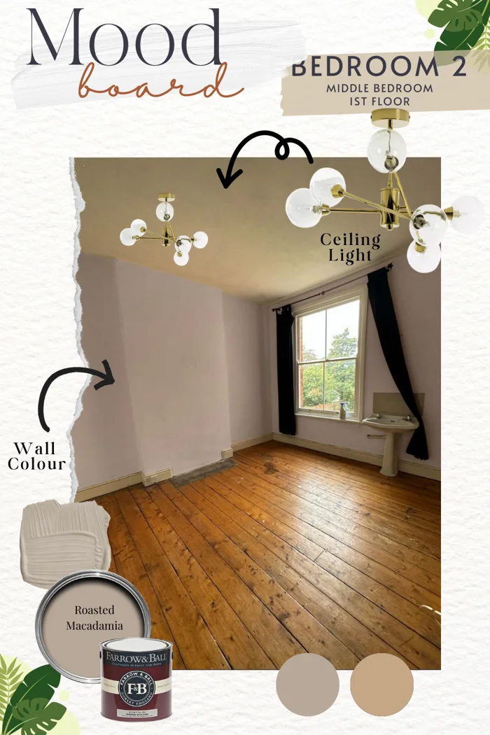 The mood board for the room, with Farrow and Ball Roasted Macadamia paint and a globe ceiling light